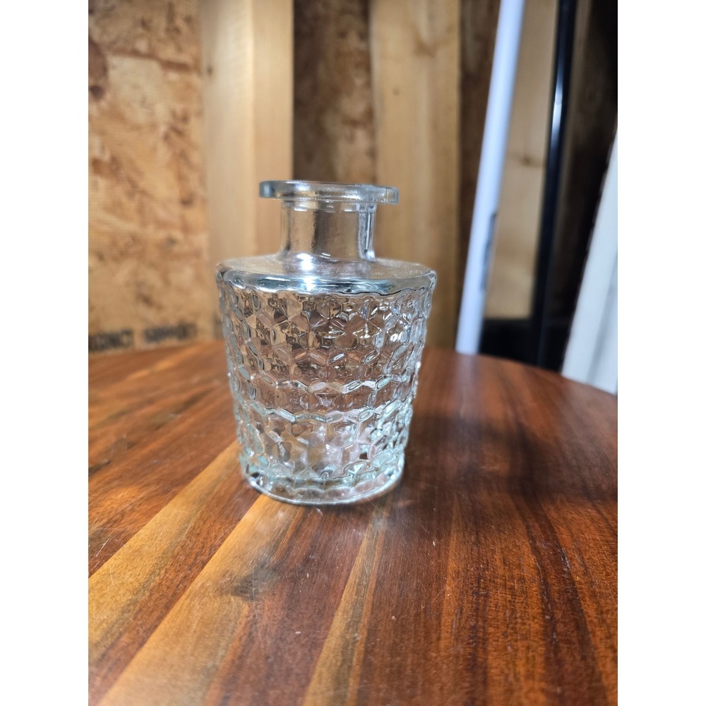 Vintage Clear Textured Glass Bud Vase Round Diamond Pattern 4 Inch Tall